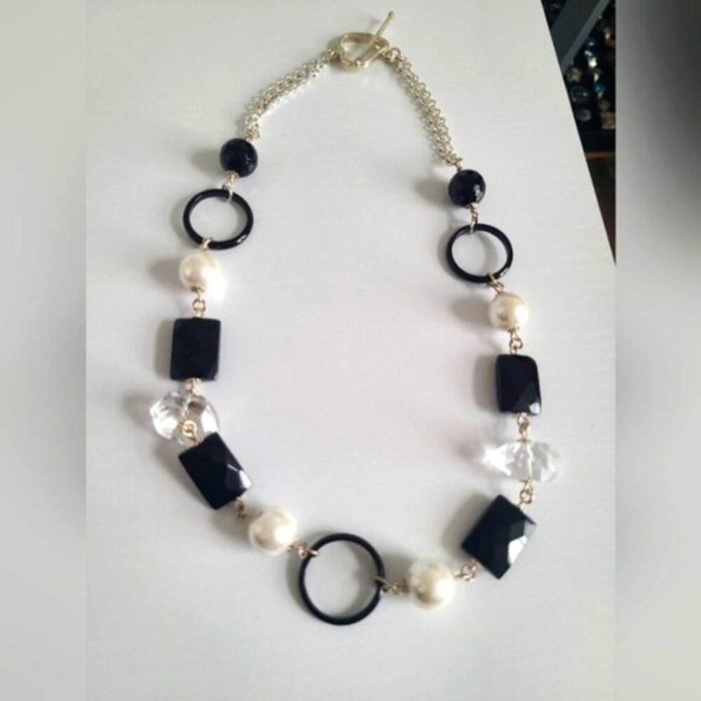 Vintage Sterling Silver Resin Black Chunky Beaded Crystal Pearl Necklace